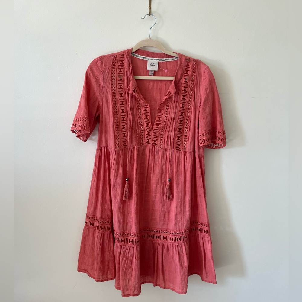 Coral-Pink Embroidered Tassel Mini Dress